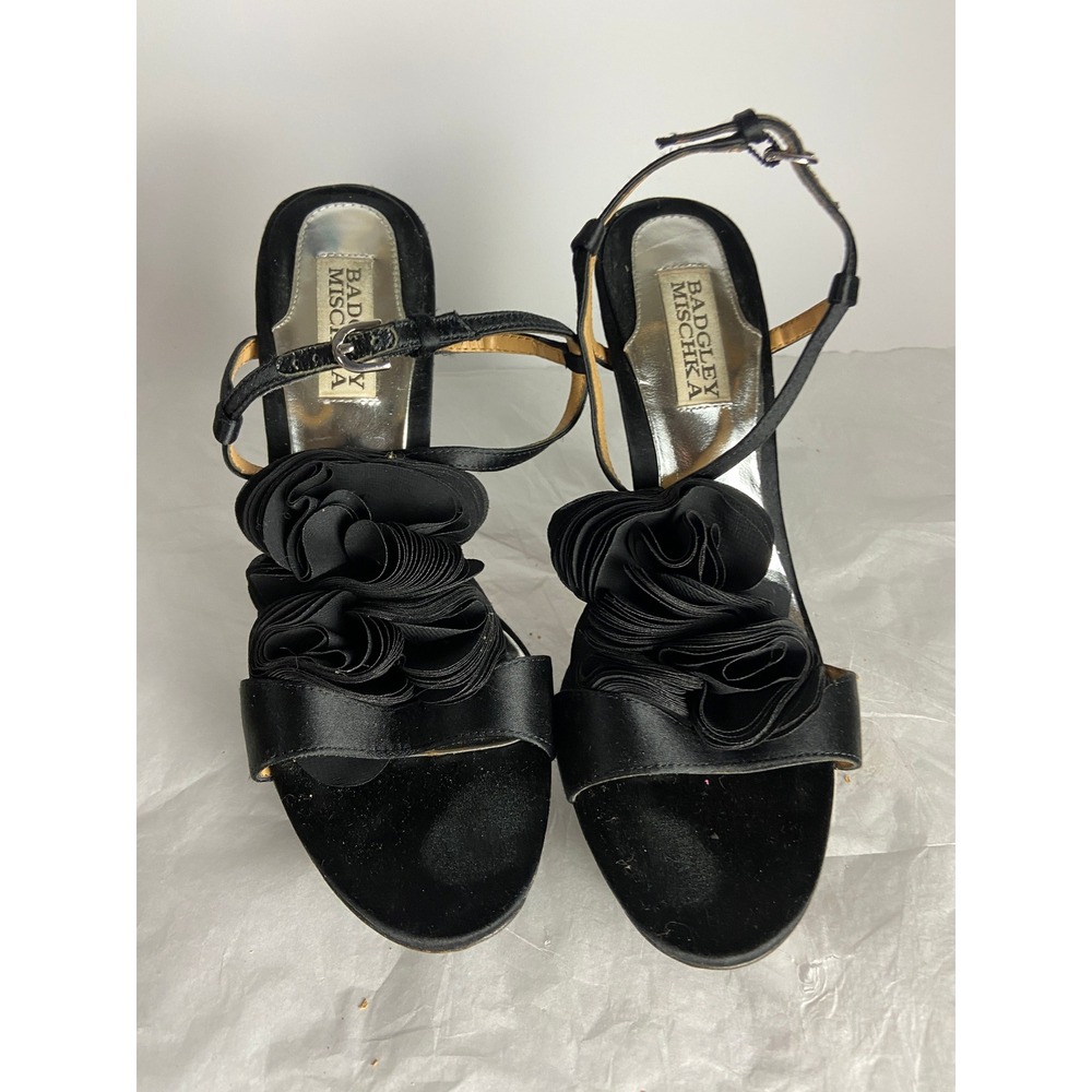 Badgley Mischka Black Satin Flower Heels Ankle Strap Party Event Shoes Size 7M